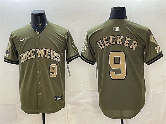 Men's Olive Milwaukee Brewers #9 Bob Uecker 2026 Armed Forces Day Stitched Baseball Jersey